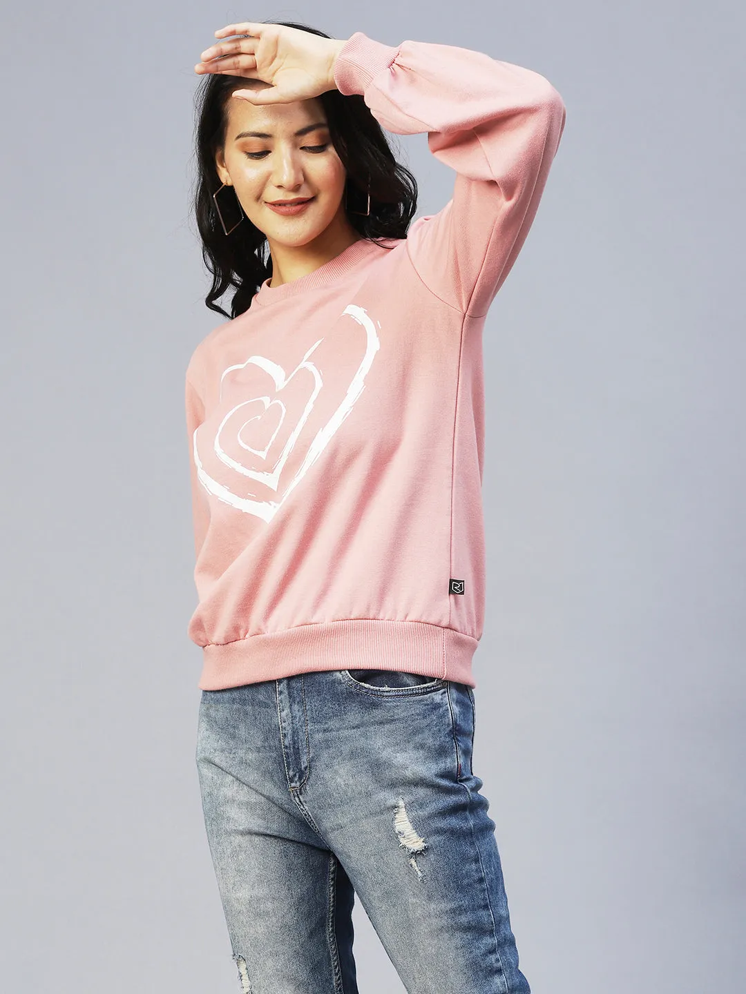 Heart Print Peasant Sleeve Fleece Sweatshirt