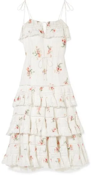 'Heathers' Lace-Trimmed Tiered Pintucked Floral-Print Cotton Dress