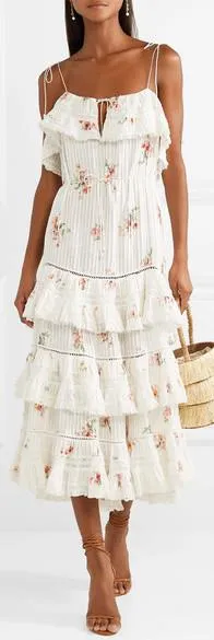 'Heathers' Lace-Trimmed Tiered Pintucked Floral-Print Cotton Dress