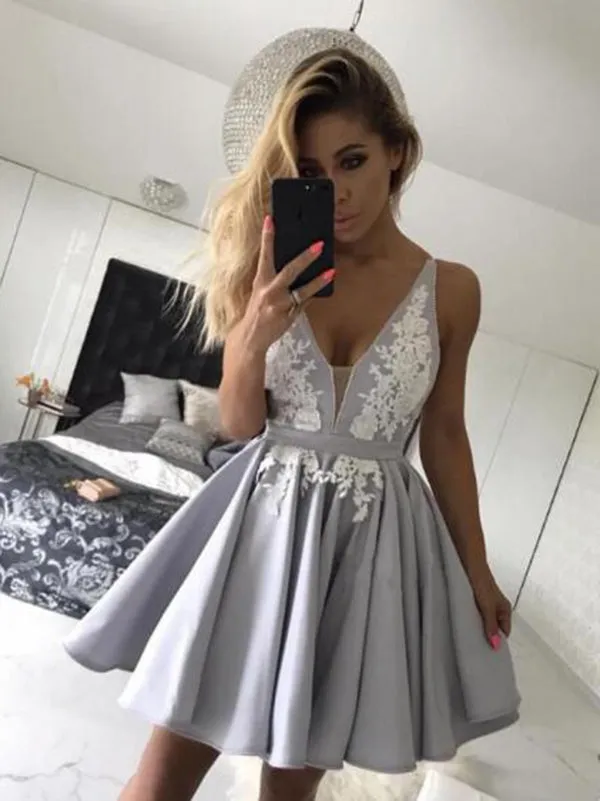 Homecoming Dresses With Appliques, Prom Dresses 2019, Short Silver Homecoming Dresses, V-Neck Homecoming Dresses ER1073