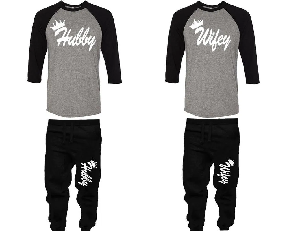 Hubby Wifey Couple Baseball Shirt and Jogger Pants, Matching Top Bottom Set