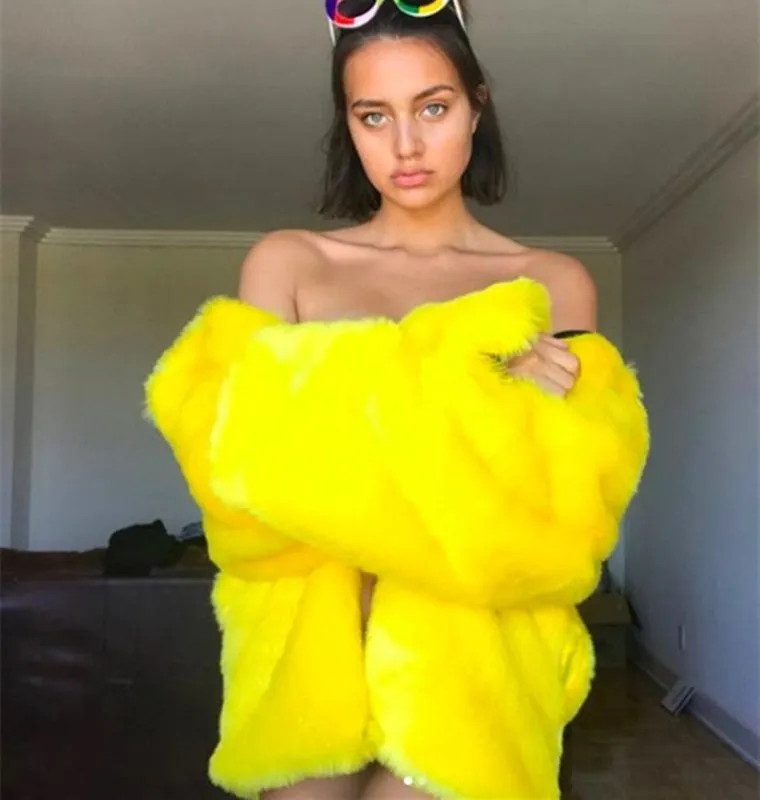 I AM Gia Faux Fur Coats Women Thick Brand Steetwear Hip Hop Female Yellow Fur Coats And Jackets Winter Warm Fur Coats