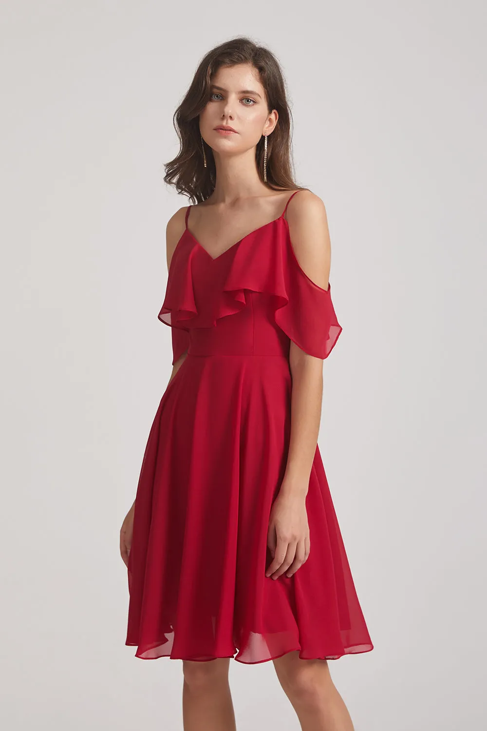 Knee Length Cold Shoulder Flounce Chiffon Bridesmaid Dresses (AF0079)