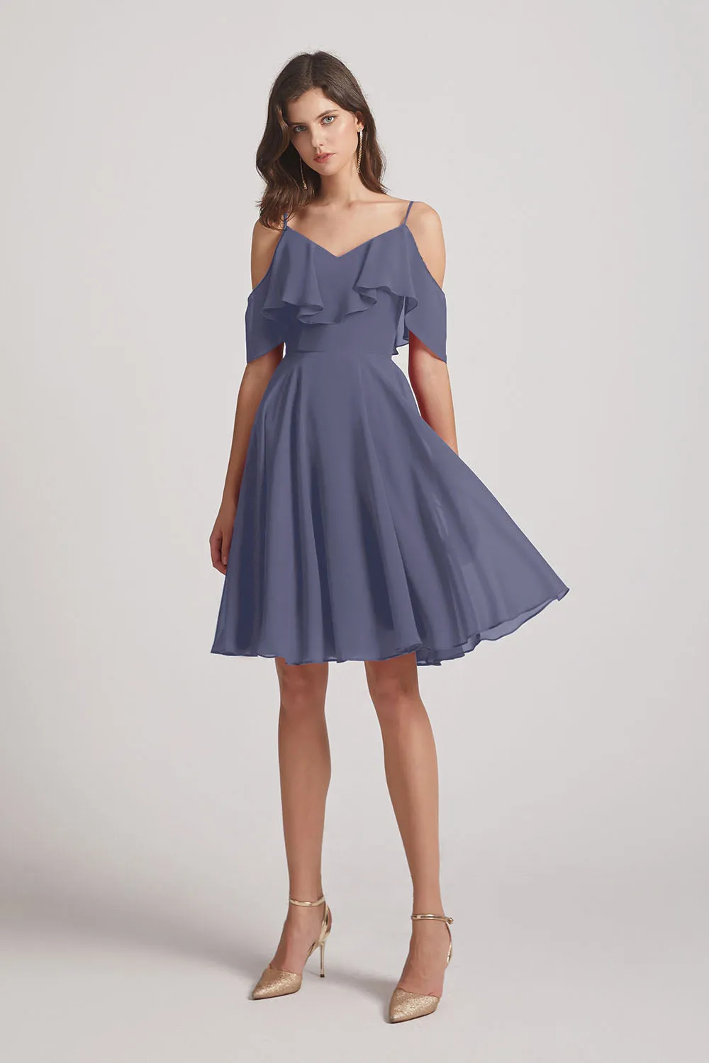 Knee Length Cold Shoulder Flounce Chiffon Bridesmaid Dresses (AF0079)