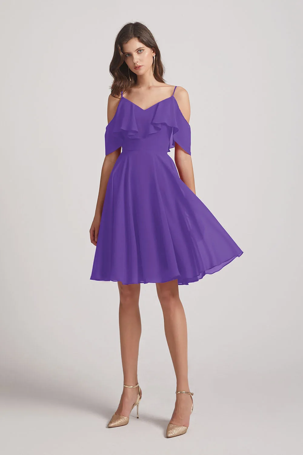 Knee Length Cold Shoulder Flounce Chiffon Bridesmaid Dresses (AF0079)