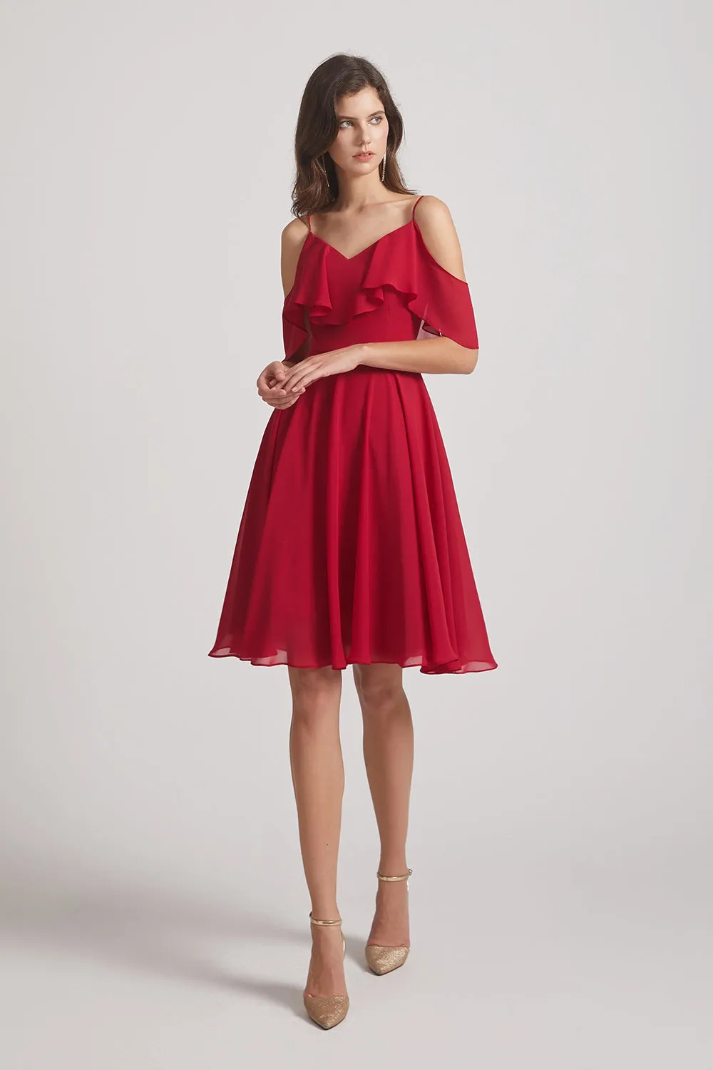 Knee Length Cold Shoulder Flounce Chiffon Bridesmaid Dresses (AF0079)