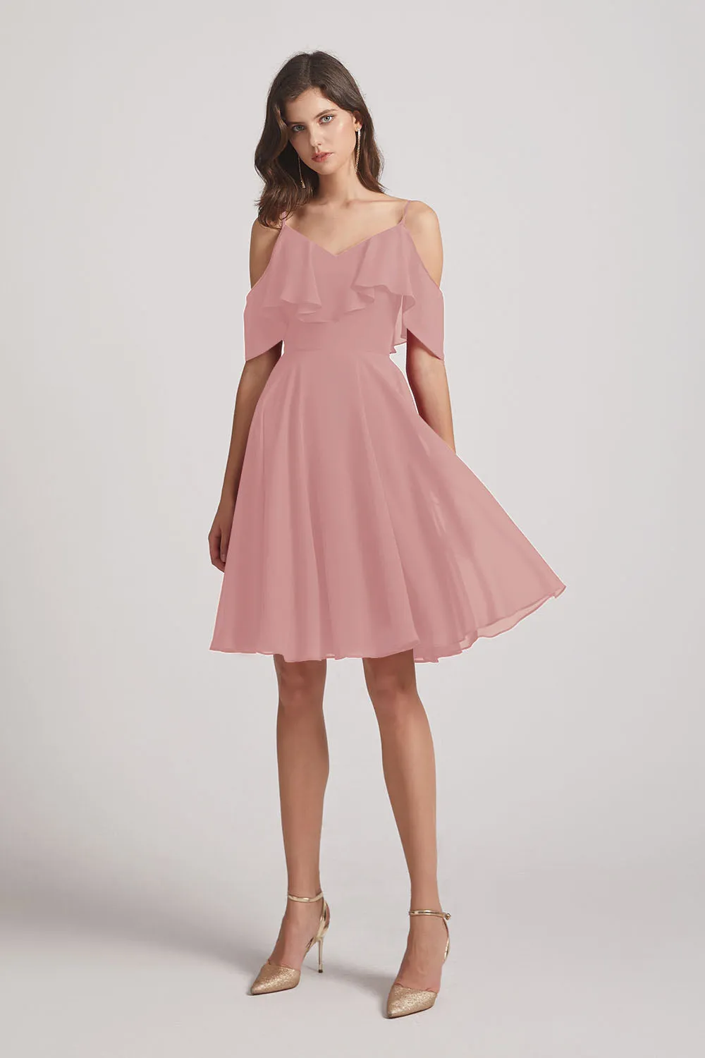 Knee Length Cold Shoulder Flounce Chiffon Bridesmaid Dresses (AF0079)