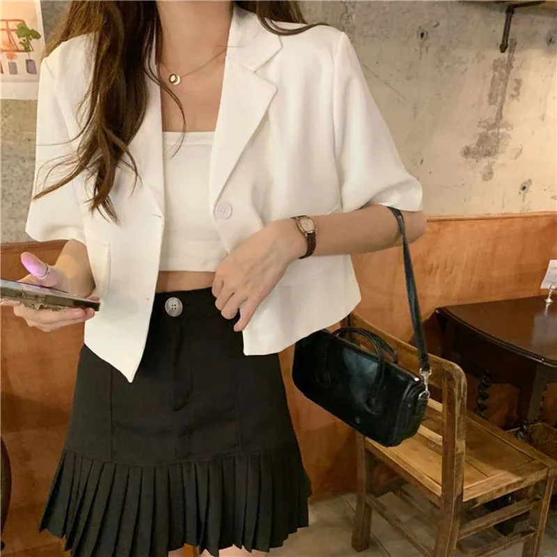 Korean Style Cropped Blazers Women 2023 Summer Thin Short Sleeves Suit Jacket Woman Solid Color Single-Breasted Outwear Coats