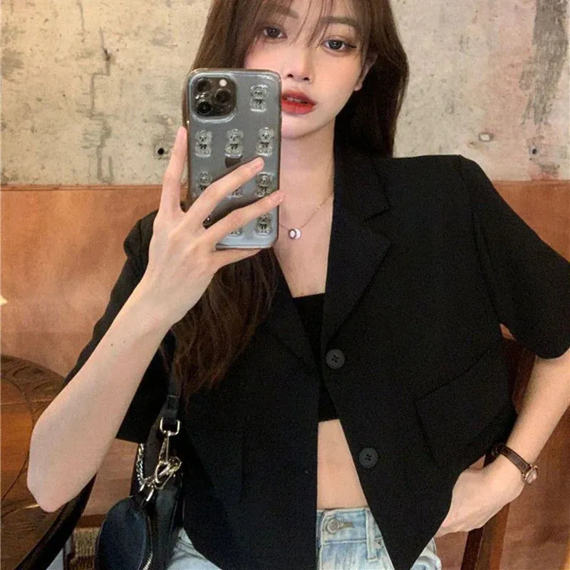 Korean Style Cropped Blazers Women 2023 Summer Thin Short Sleeves Suit Jacket Woman Solid Color Single-Breasted Outwear Coats