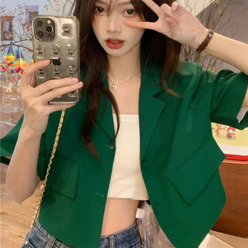 Korean Style Cropped Blazers Women 2023 Summer Thin Short Sleeves Suit Jacket Woman Solid Color Single-Breasted Outwear Coats