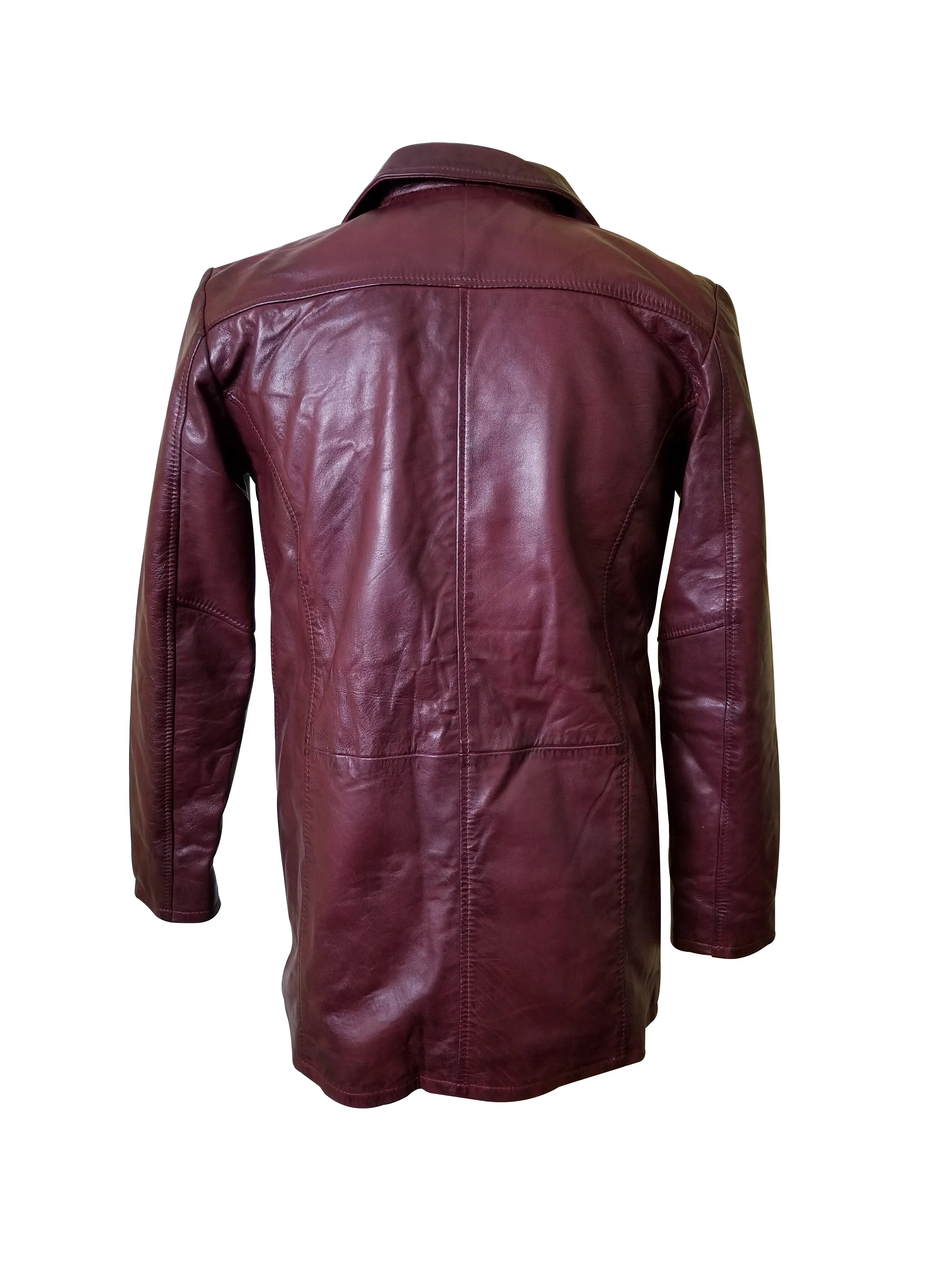 Krueger's maroon buttoned leather blazer