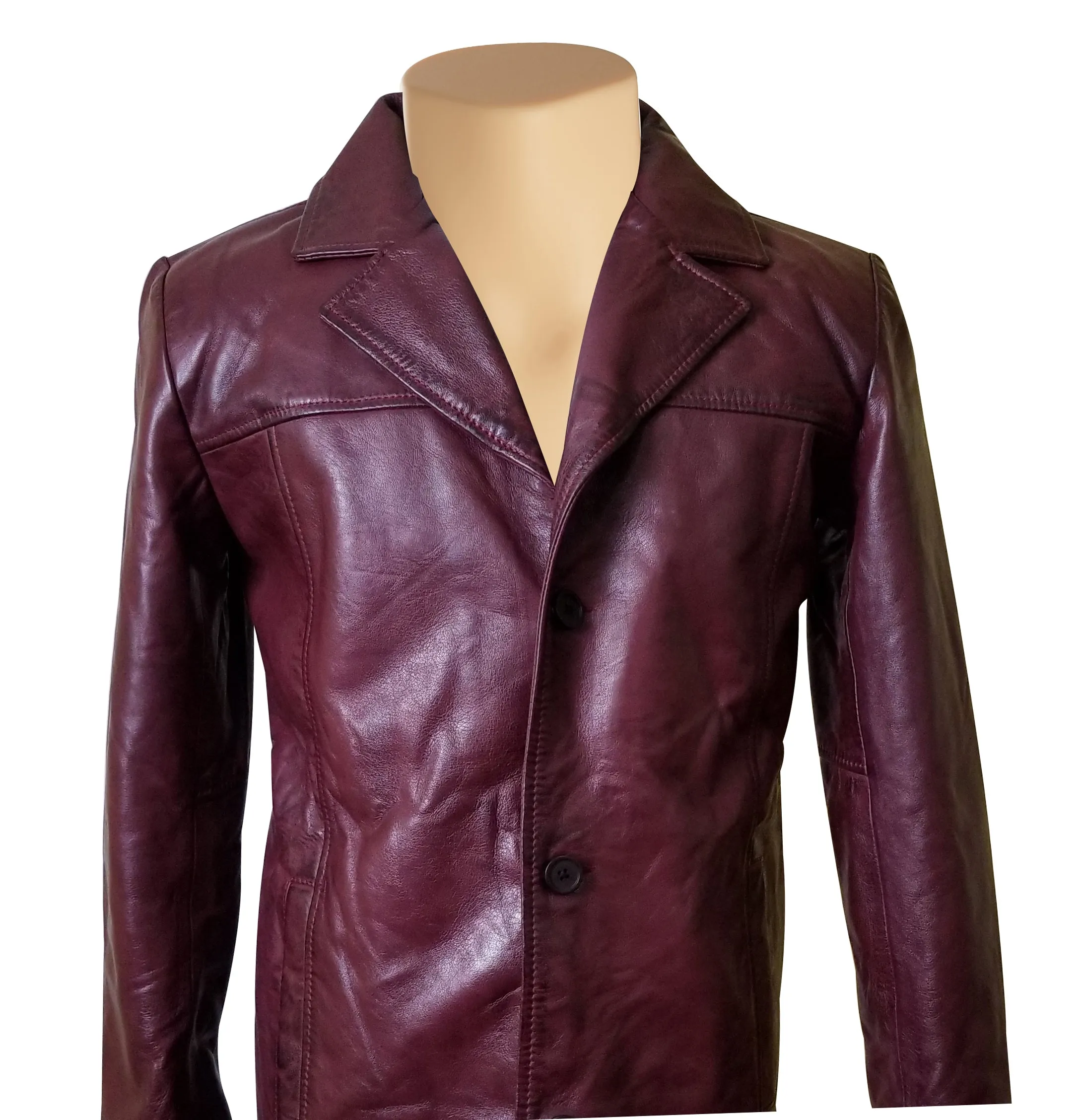 Krueger's maroon buttoned leather blazer