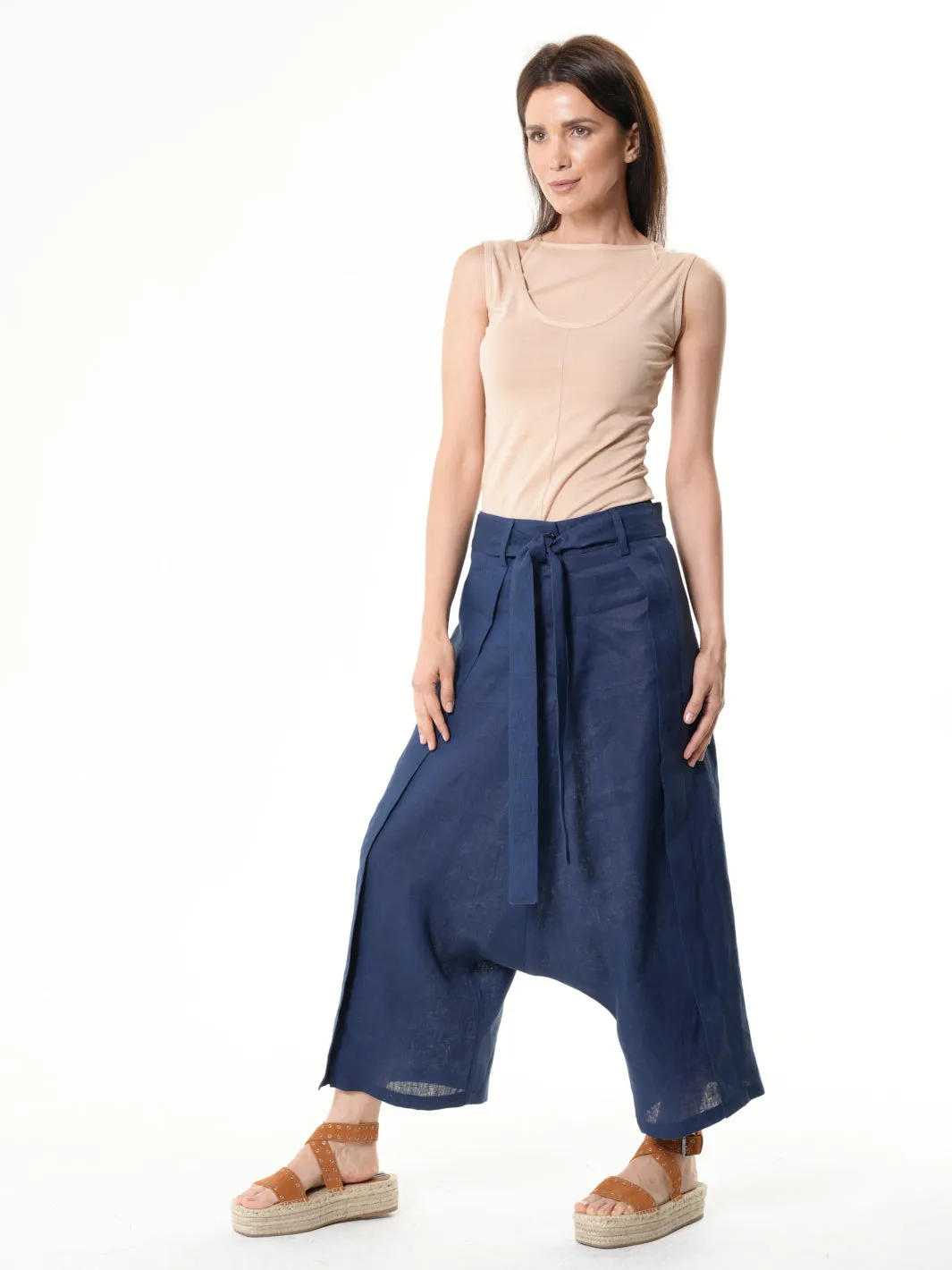 Linen Drop-Crotch Pants In Blue