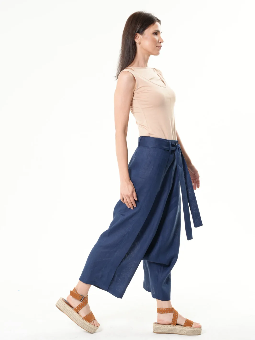 Linen Drop-Crotch Pants In Blue