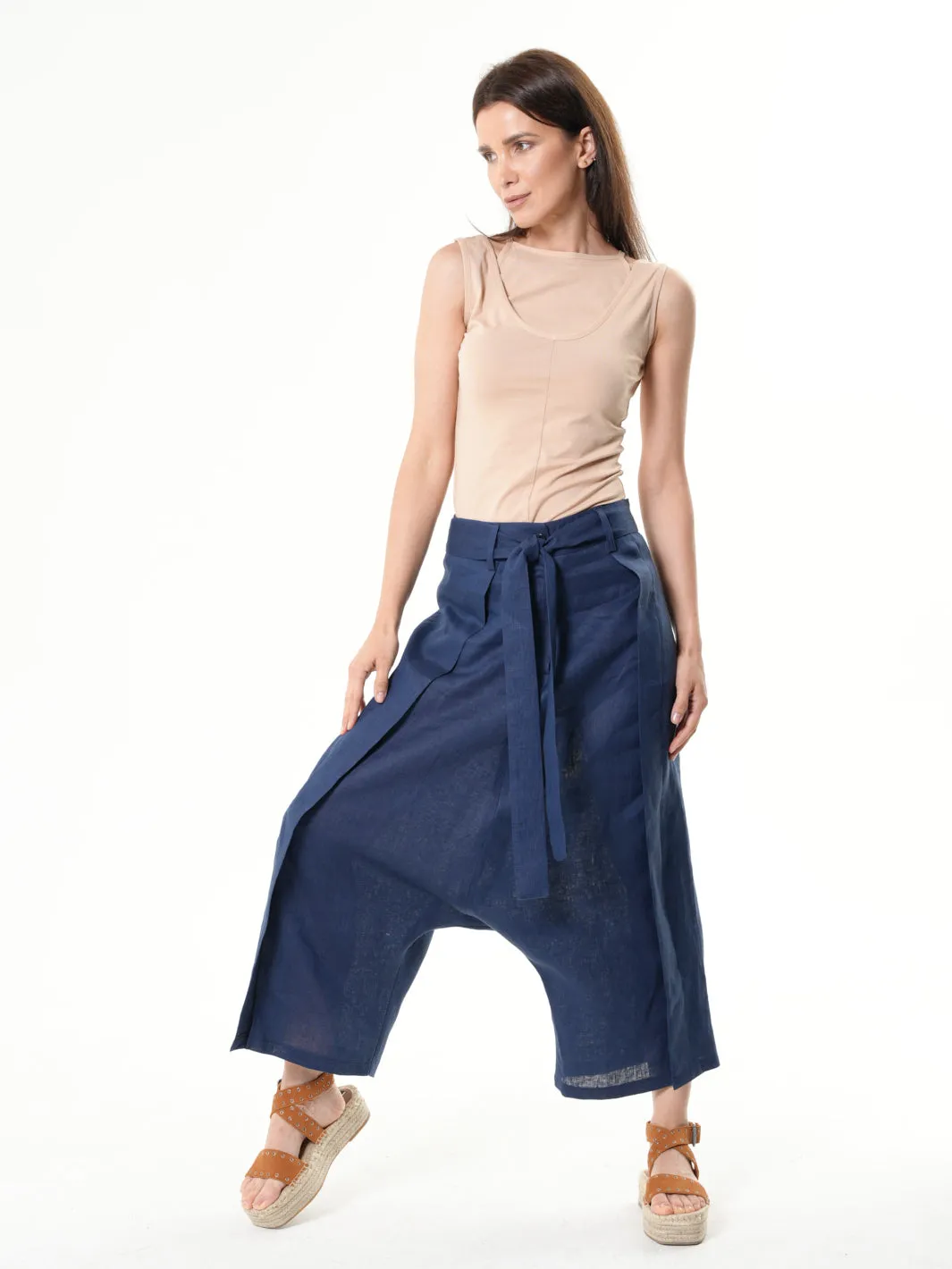 Linen Drop-Crotch Pants In Blue