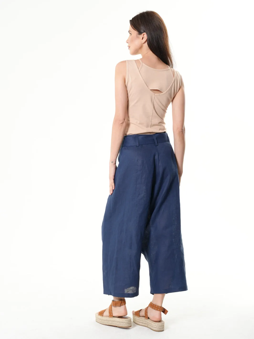 Linen Drop-Crotch Pants In Blue