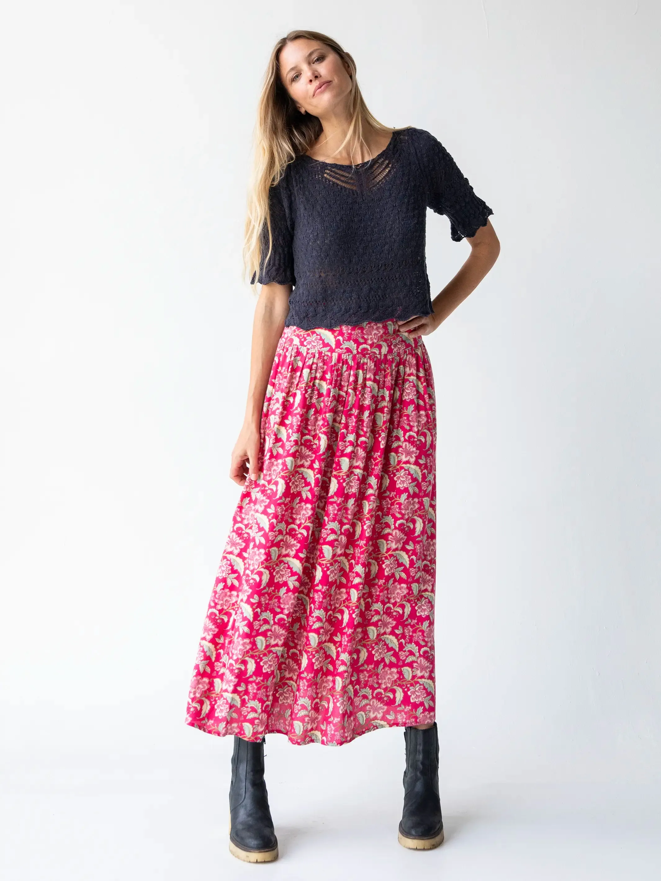 Lisa Maxi Skirt - Fuchsia Light Pink Floral