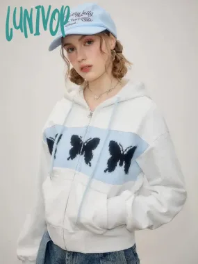 Lunivop Butterfly Graphic Print Crop Hoodies Women Korean Style Y2k Zip Up Hooded Sweatshirts Casual Sweet Kpop Harajuku Tops