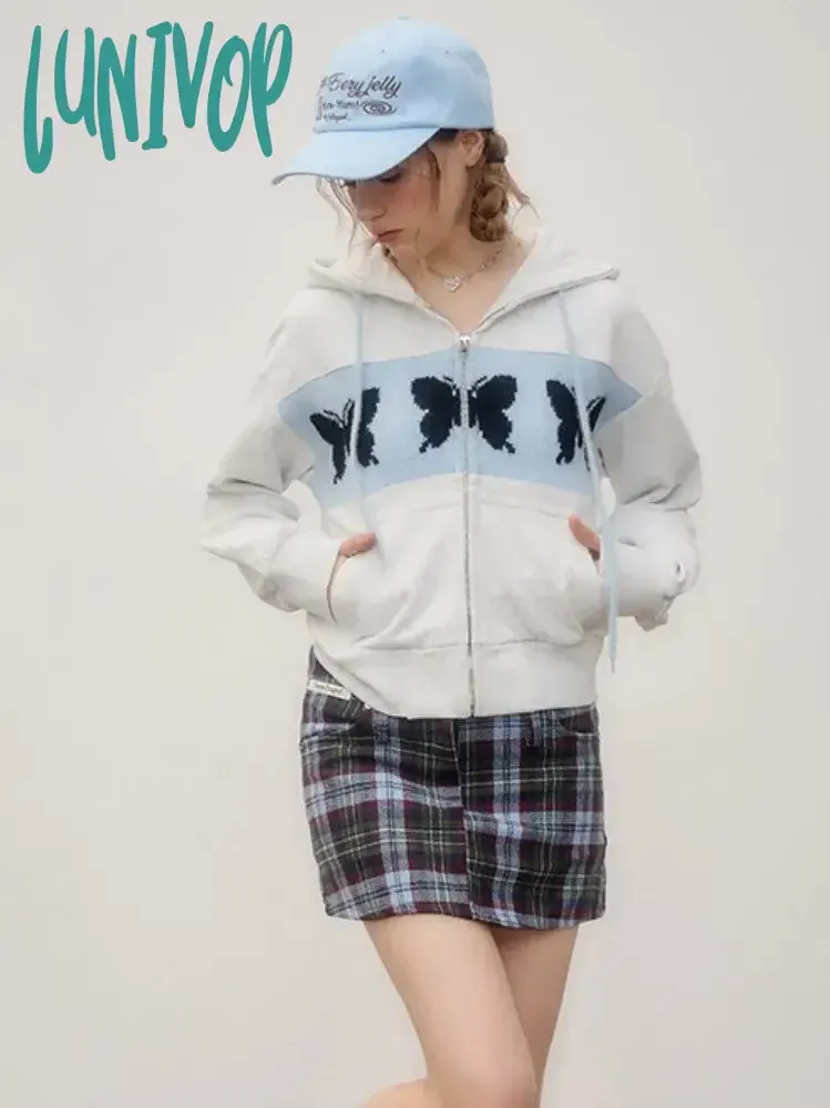 Lunivop Butterfly Graphic Print Crop Hoodies Women Korean Style Y2k Zip Up Hooded Sweatshirts Casual Sweet Kpop Harajuku Tops