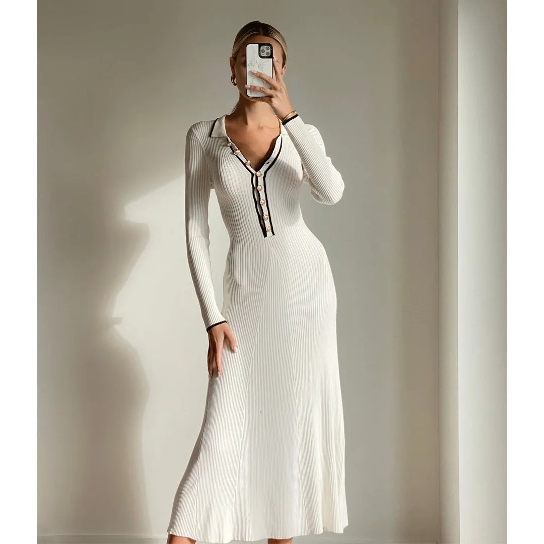 LYRA Ivory Long Sleeve Flowy Fitted Midi Knit Dress