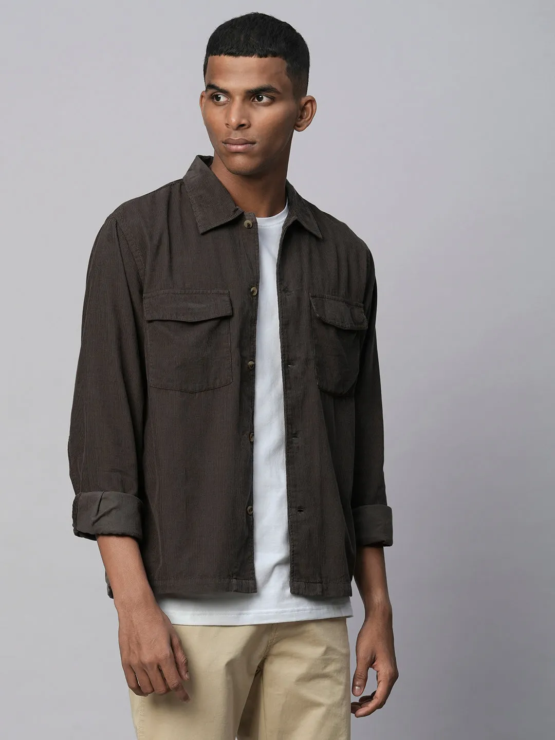 Men's Brown Cotton Regular Fit Jacket