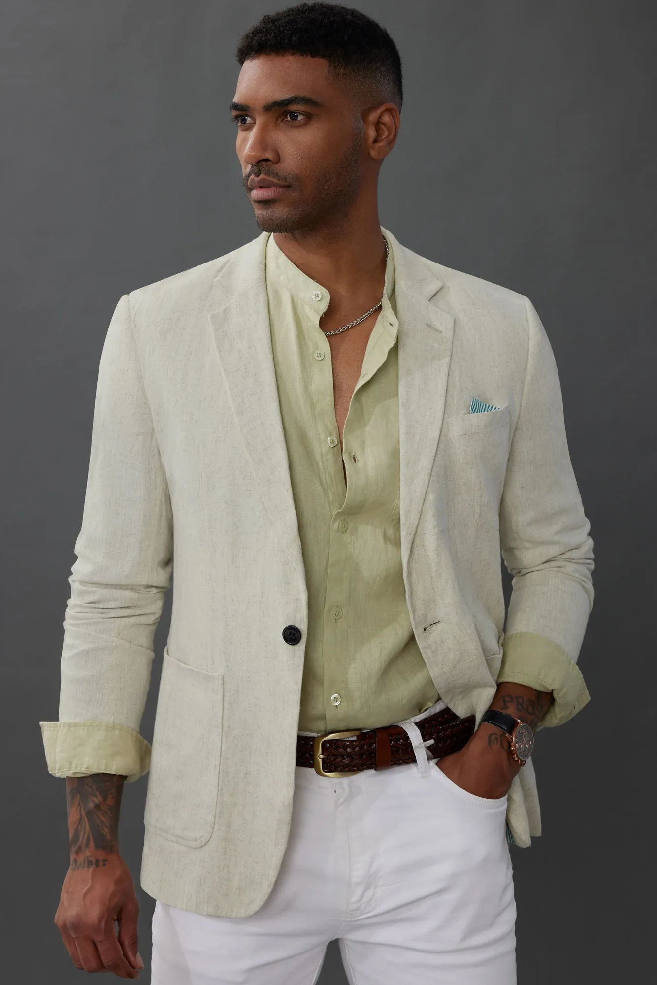 Men's Casual Slim Fit Linen Jacket Lightweight Two Buttons Blazer Sporty Slim Fit Leisure Blazer