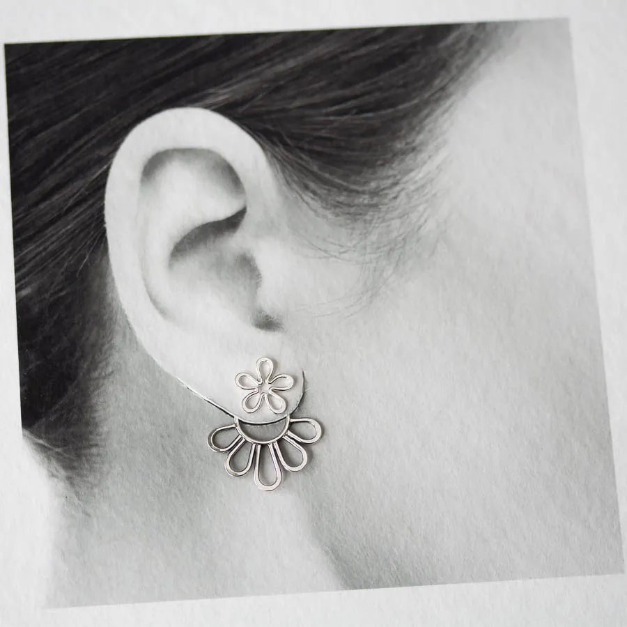 Modern Minimal Silver Petals Ear Jackets, Front And Back Earring Sets