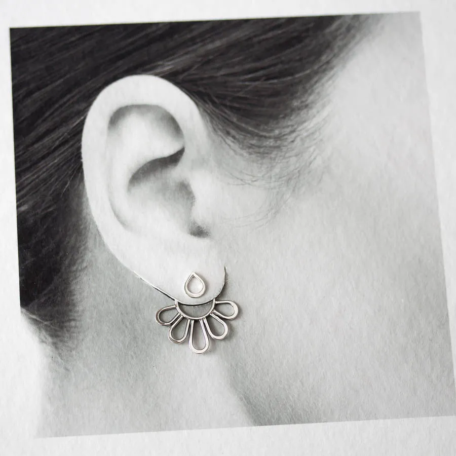 Modern Minimal Silver Petals Ear Jackets, Front And Back Earring Sets