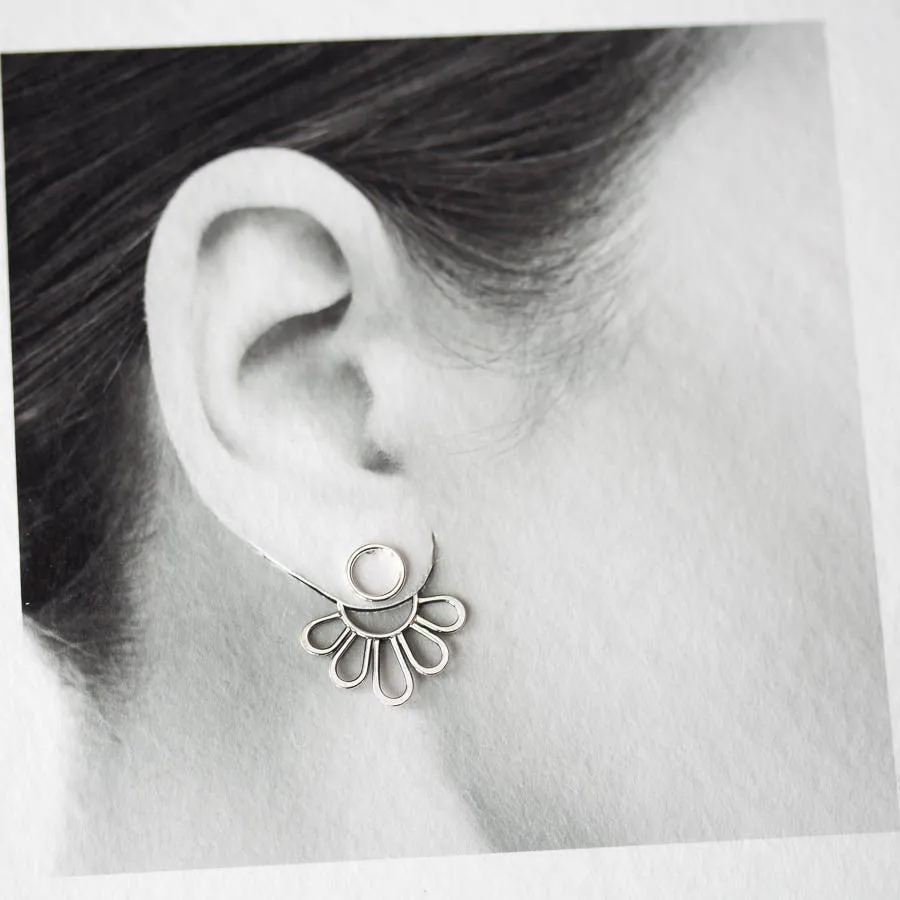 Modern Minimal Silver Petals Ear Jackets, Front And Back Earring Sets