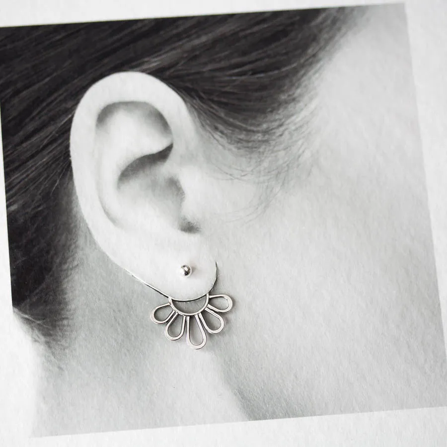 Modern Minimal Silver Petals Ear Jackets, Front And Back Earring Sets