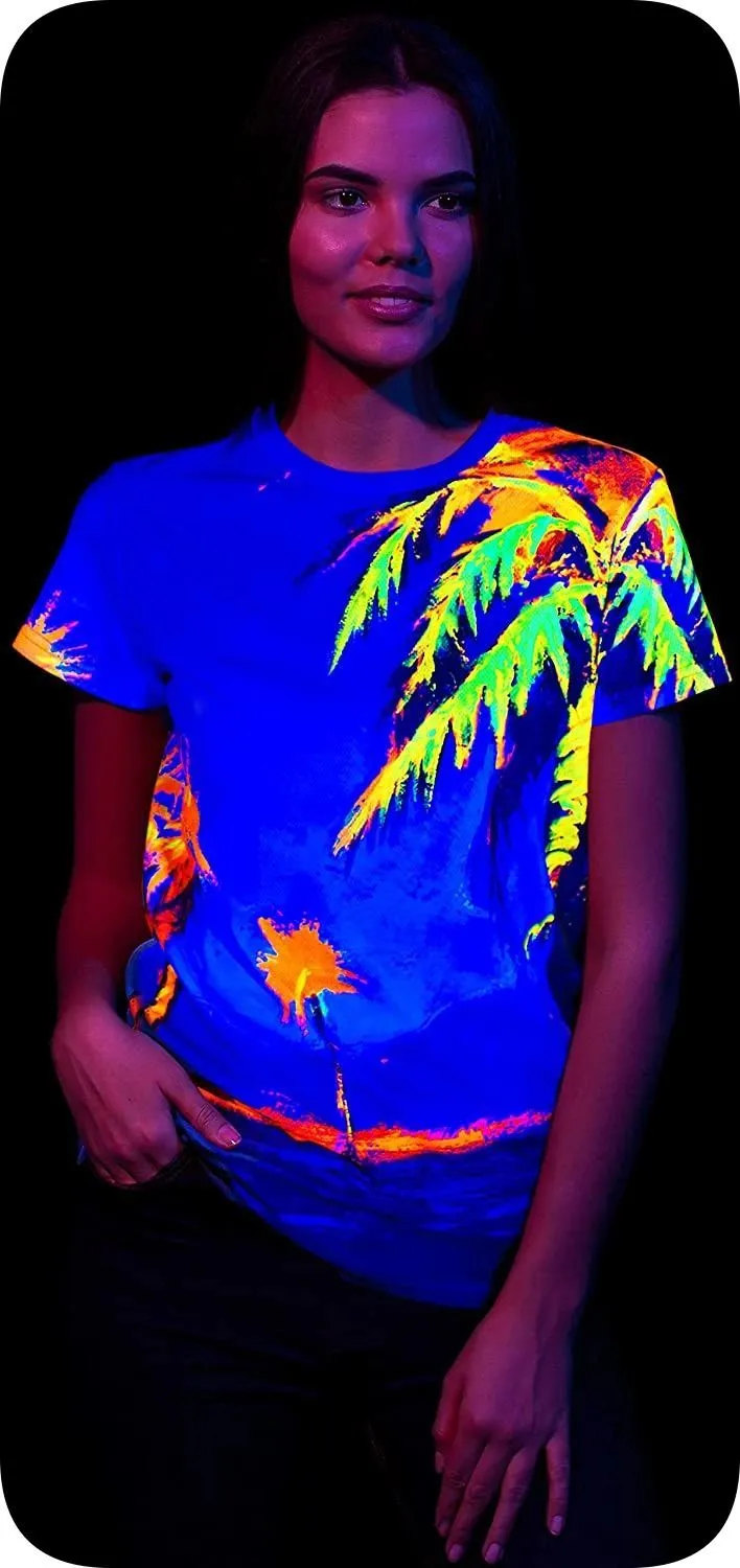 Neon Women Tee Shirt Glow in UV Fluorescent Hawaii Palm