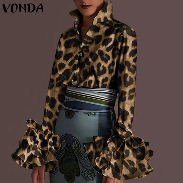 New Women Shirts VONDA 2020 Spring Summer Sexy Turn-down Collar Flare Sleeve Party Tops Office Blouse Casual Plus Size Blusas