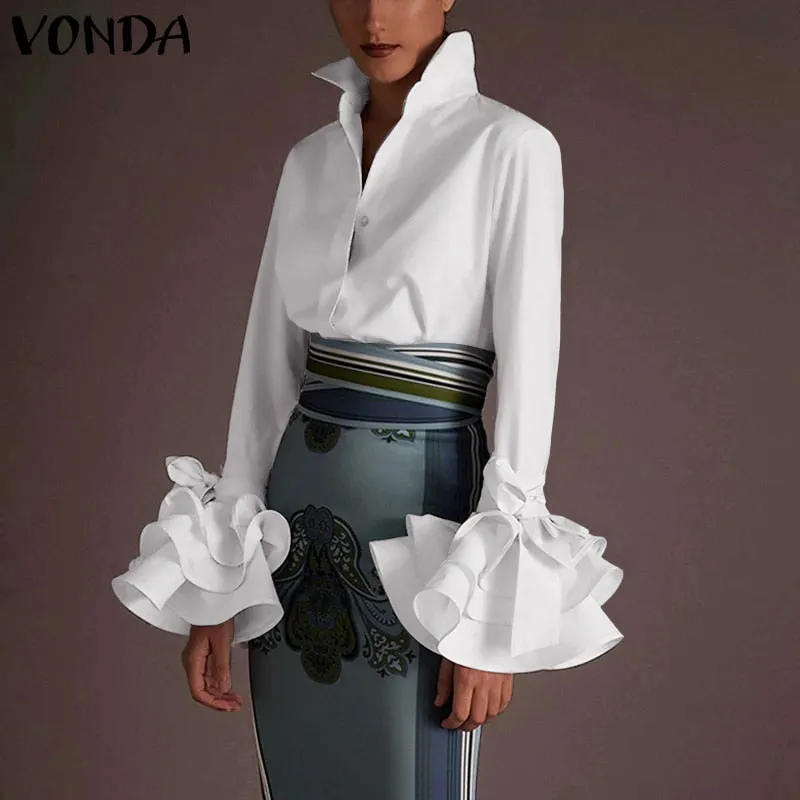 New Women Shirts VONDA 2020 Spring Summer Sexy Turn-down Collar Flare Sleeve Party Tops Office Blouse Casual Plus Size Blusas