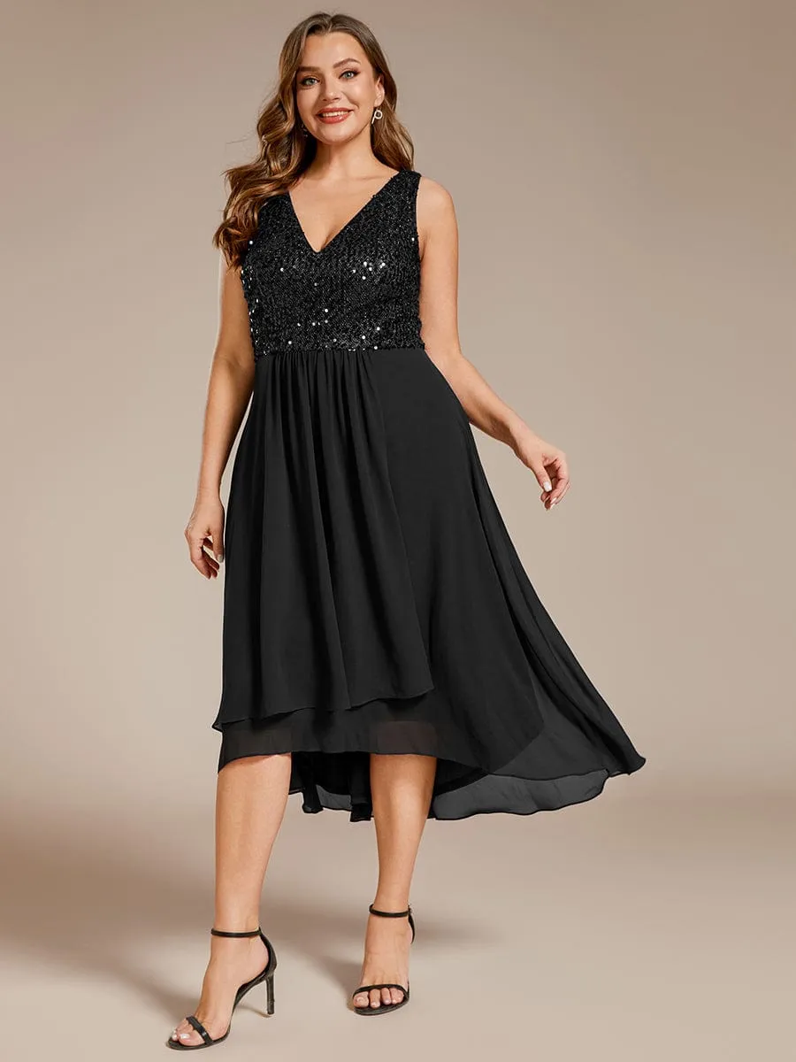 Plus Size Sequin Bodice V-Neck Sleeveless Chiffon Wedding Guest Dress