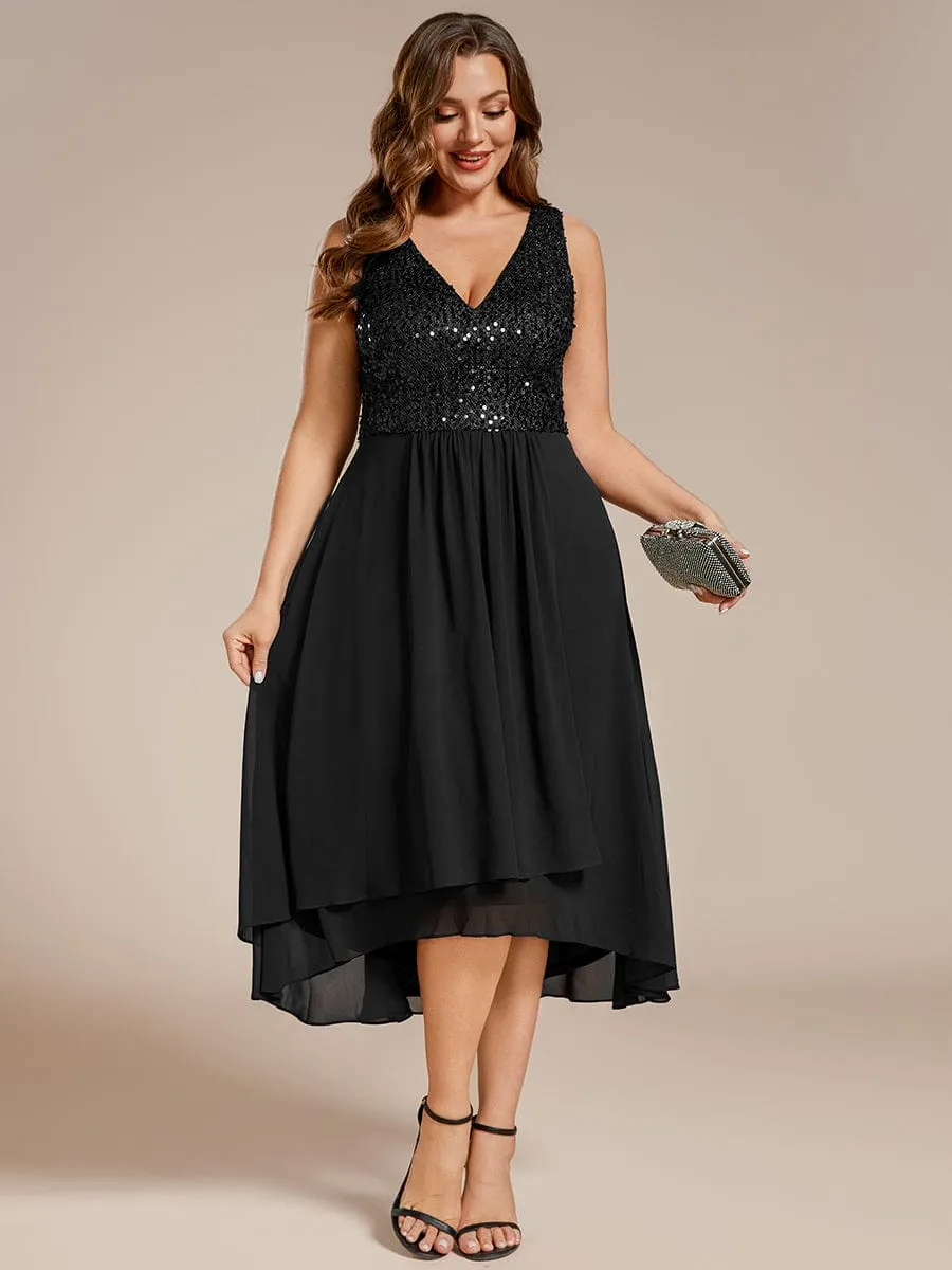 Plus Size Sequin Bodice V-Neck Sleeveless Chiffon Wedding Guest Dress