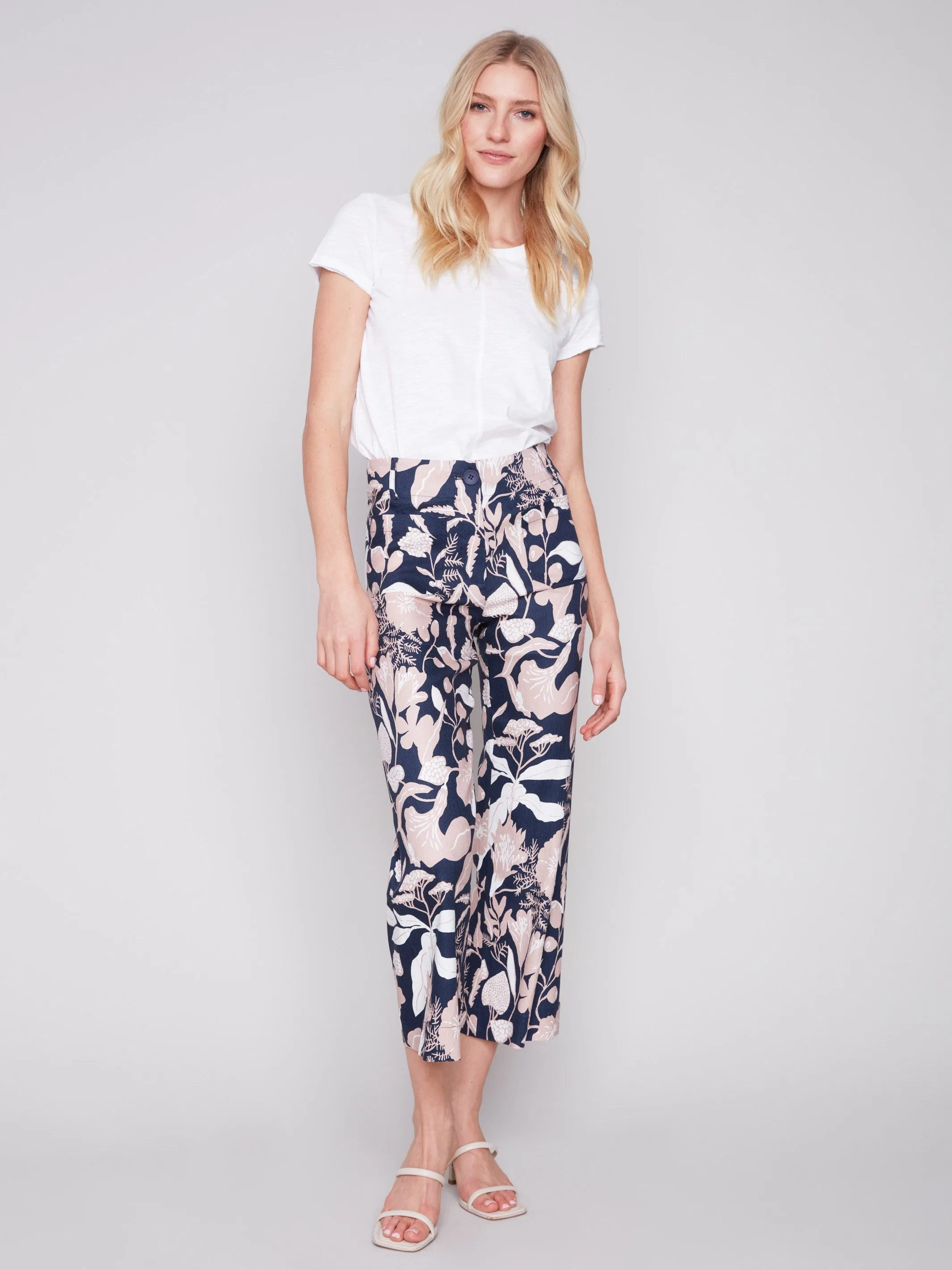 Printed Cropped Linen Blend Pants - Flourish