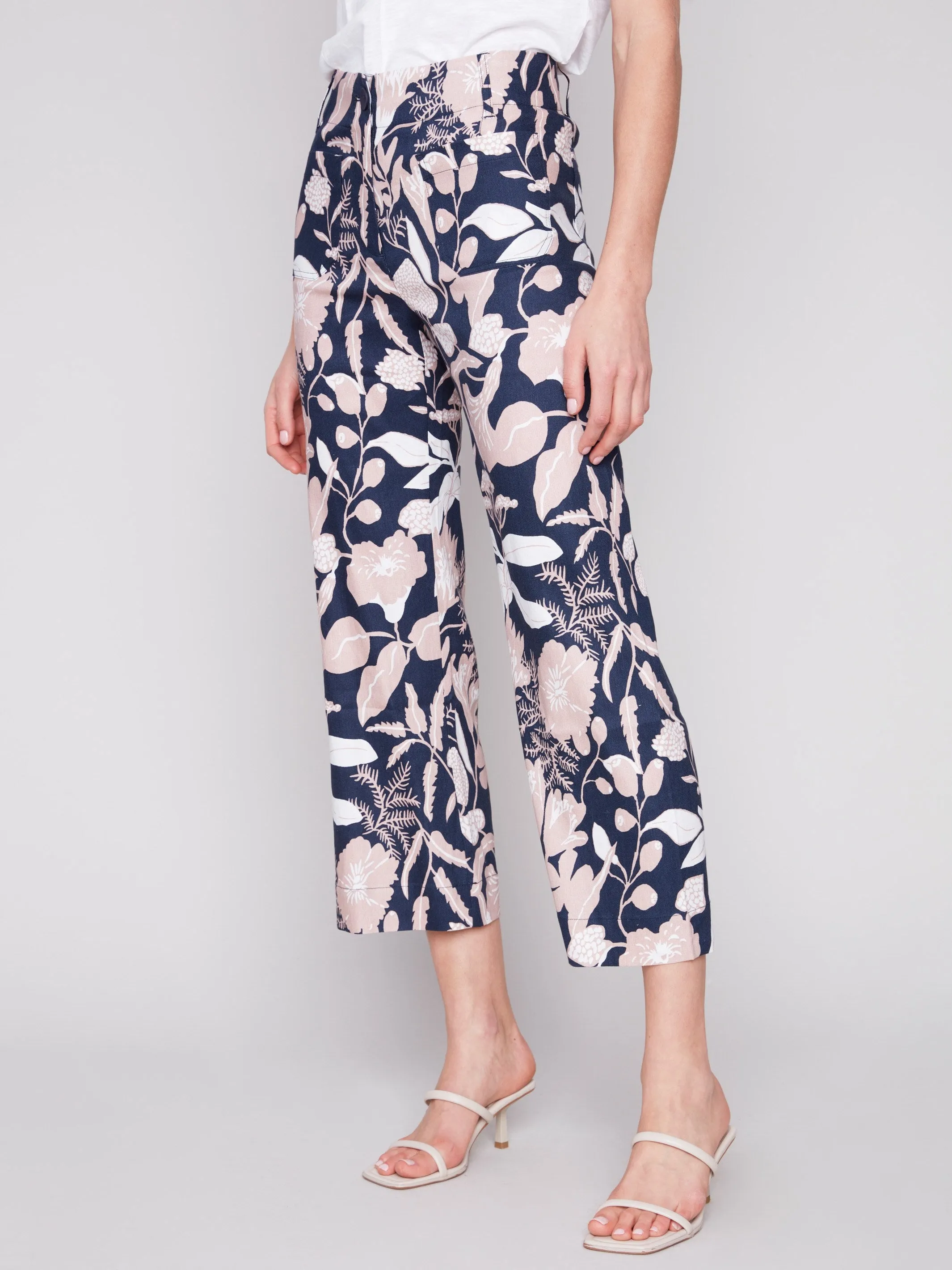 Printed Cropped Linen Blend Pants - Flourish