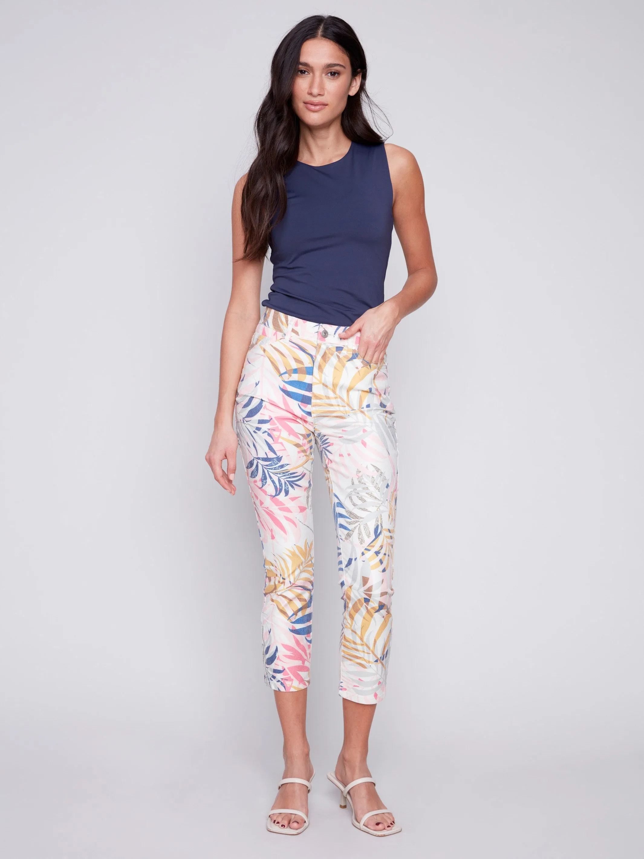 Printed Cropped Twill Pants with Zipper Detail - Leaf