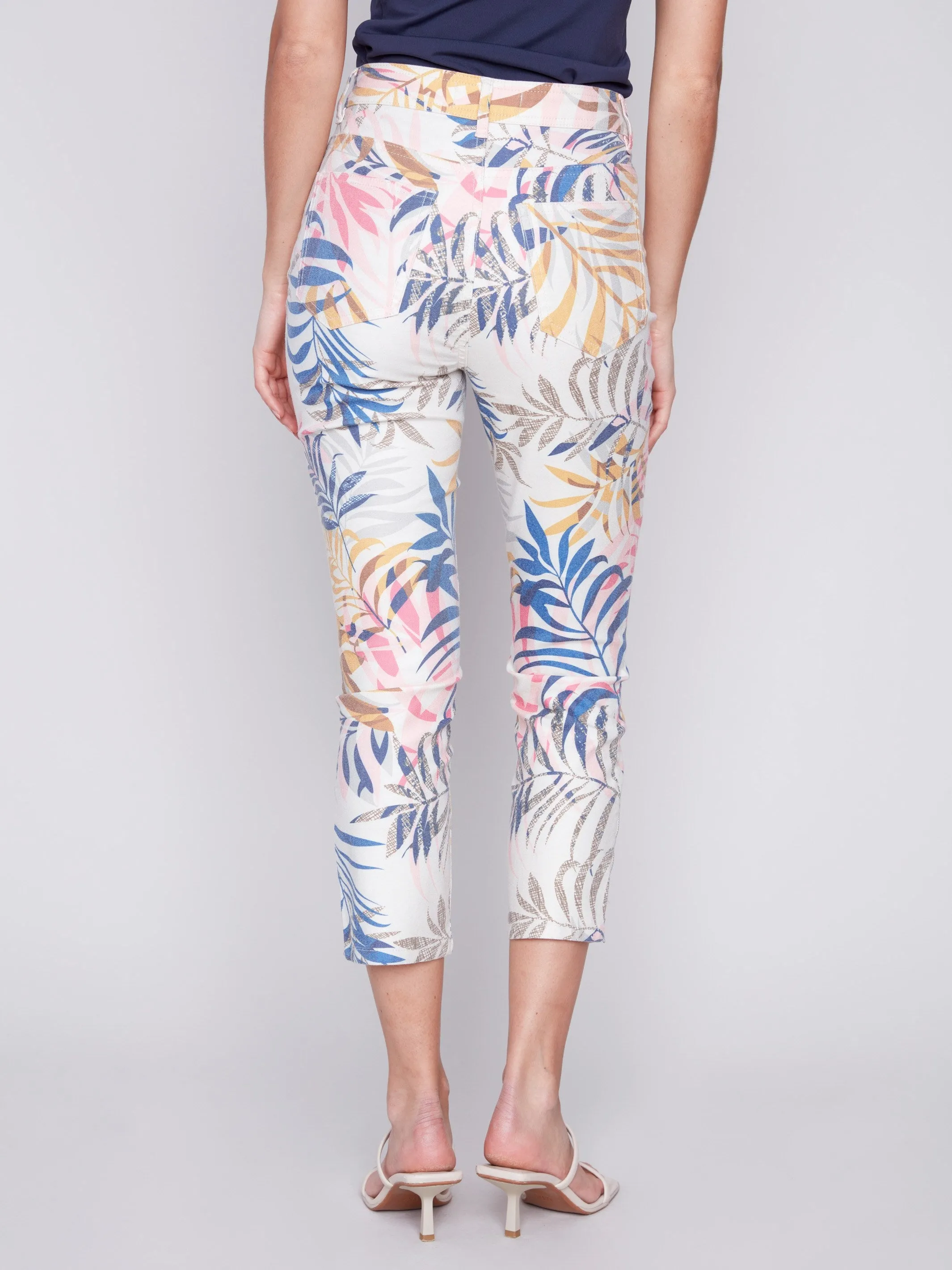 Printed Cropped Twill Pants with Zipper Detail - Leaf