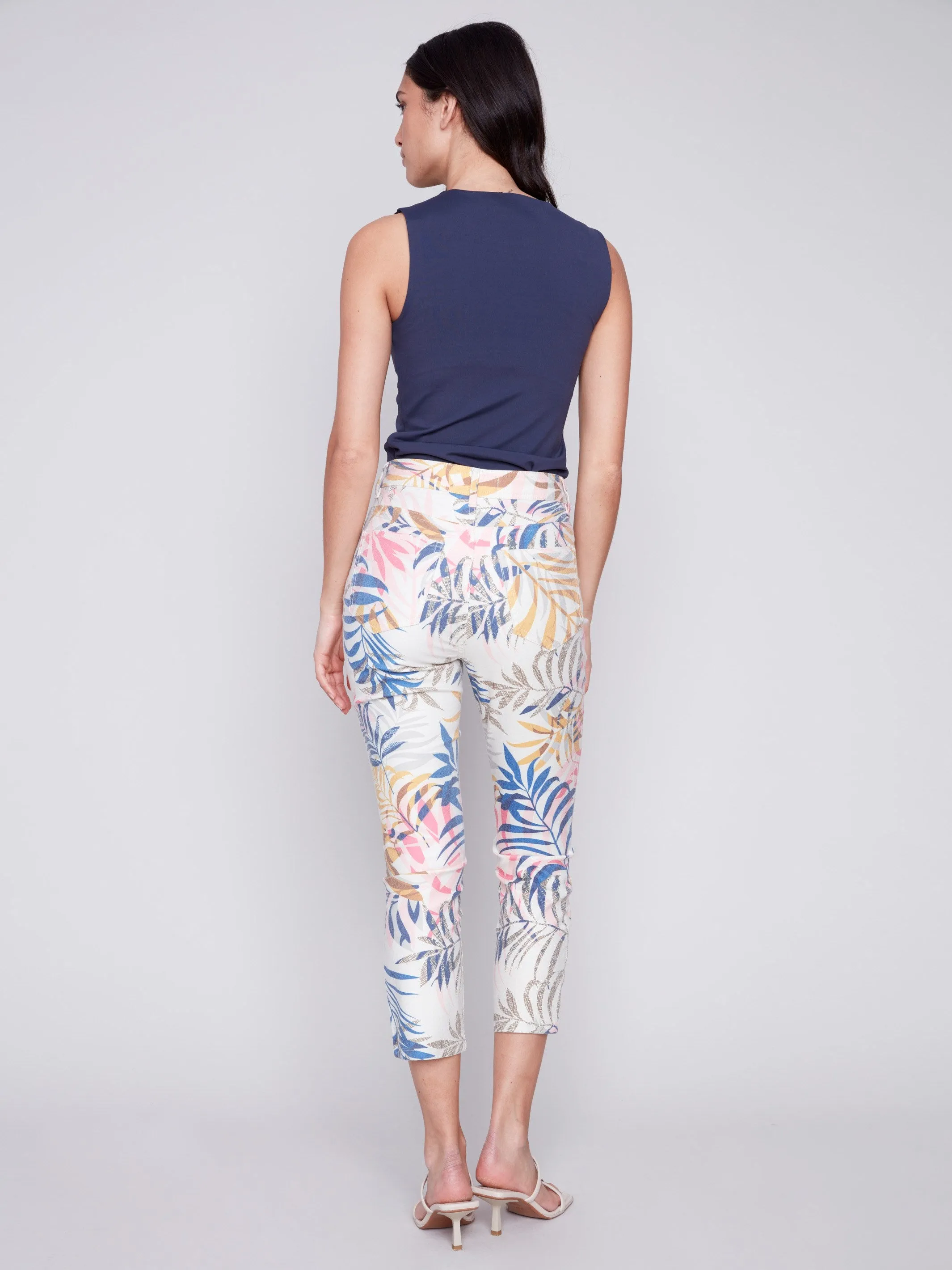 Printed Cropped Twill Pants with Zipper Detail - Leaf