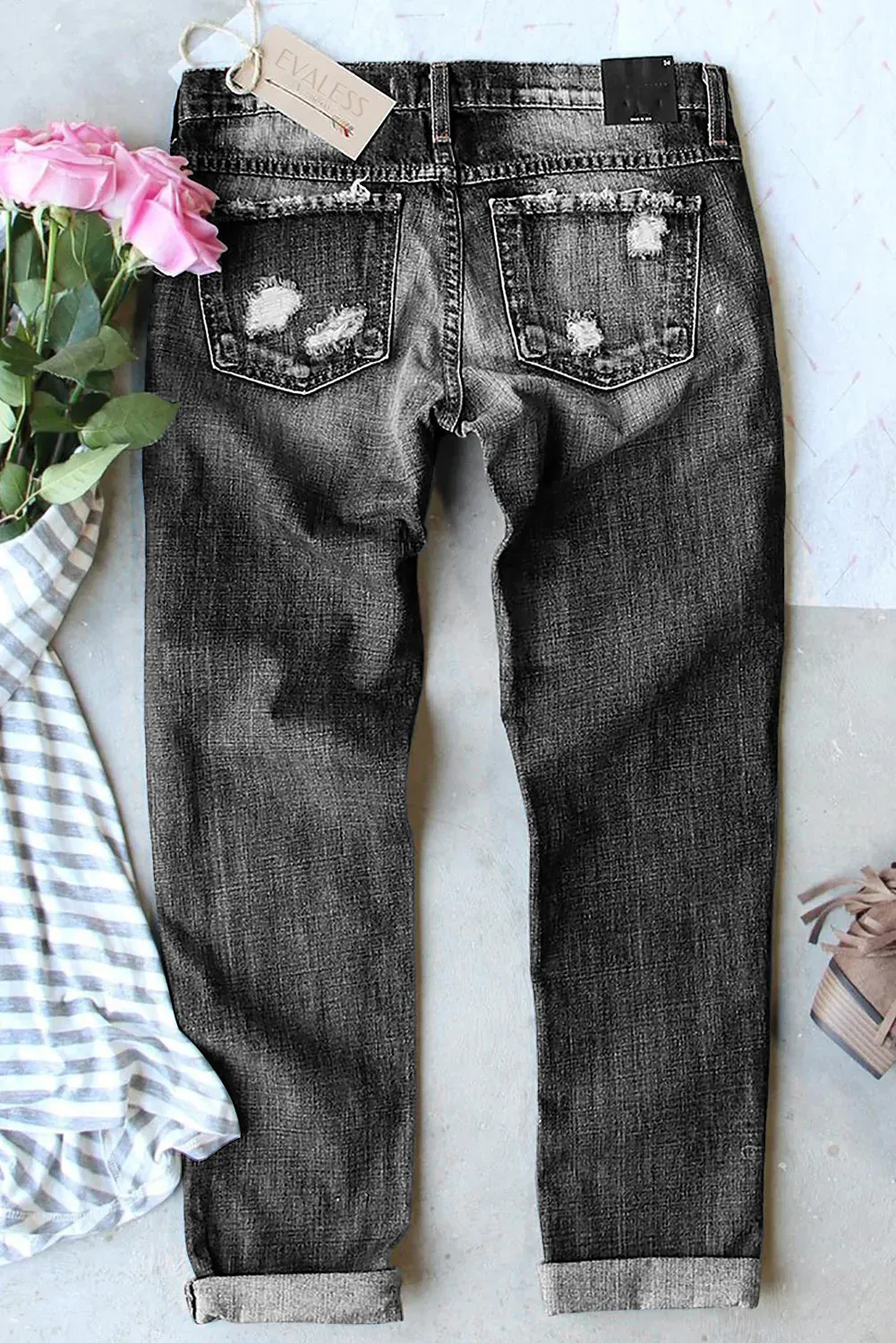 Rainbow Striped Ripped Jeans for Women Boyfriend Distressed Denim Jean Pants