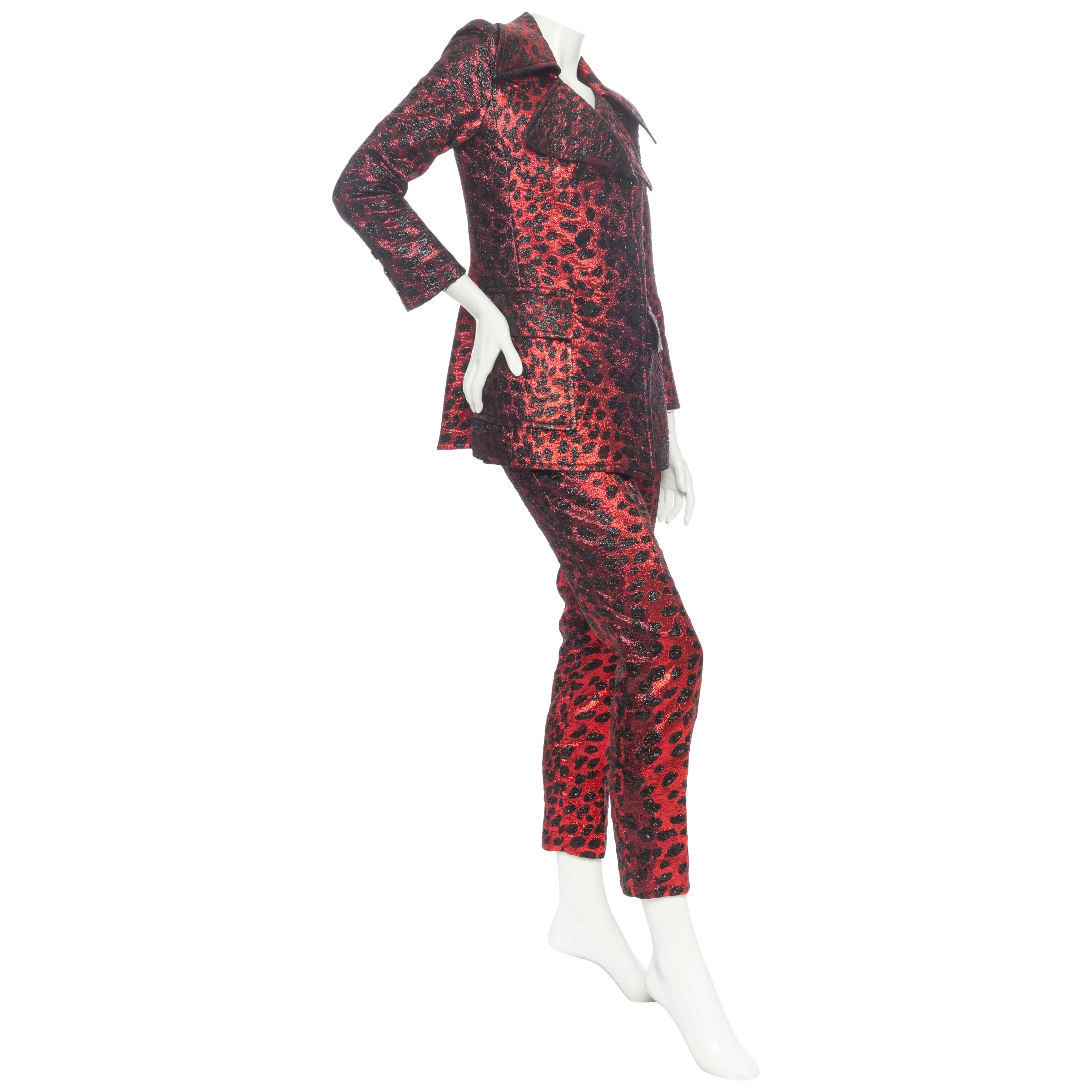 Red and Black Animal Print Two-Piece Jacket and Pant Suit