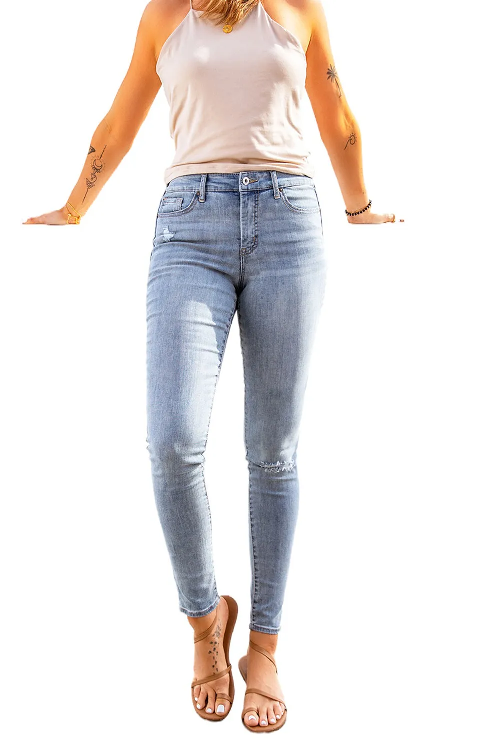 Ripped Stretch Jeans Faded Skinny Jeans with Pockets for Women