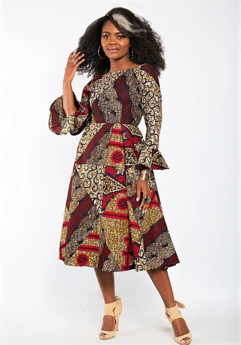 Safiyah African Print Flare Midi Dress in Long sleeves