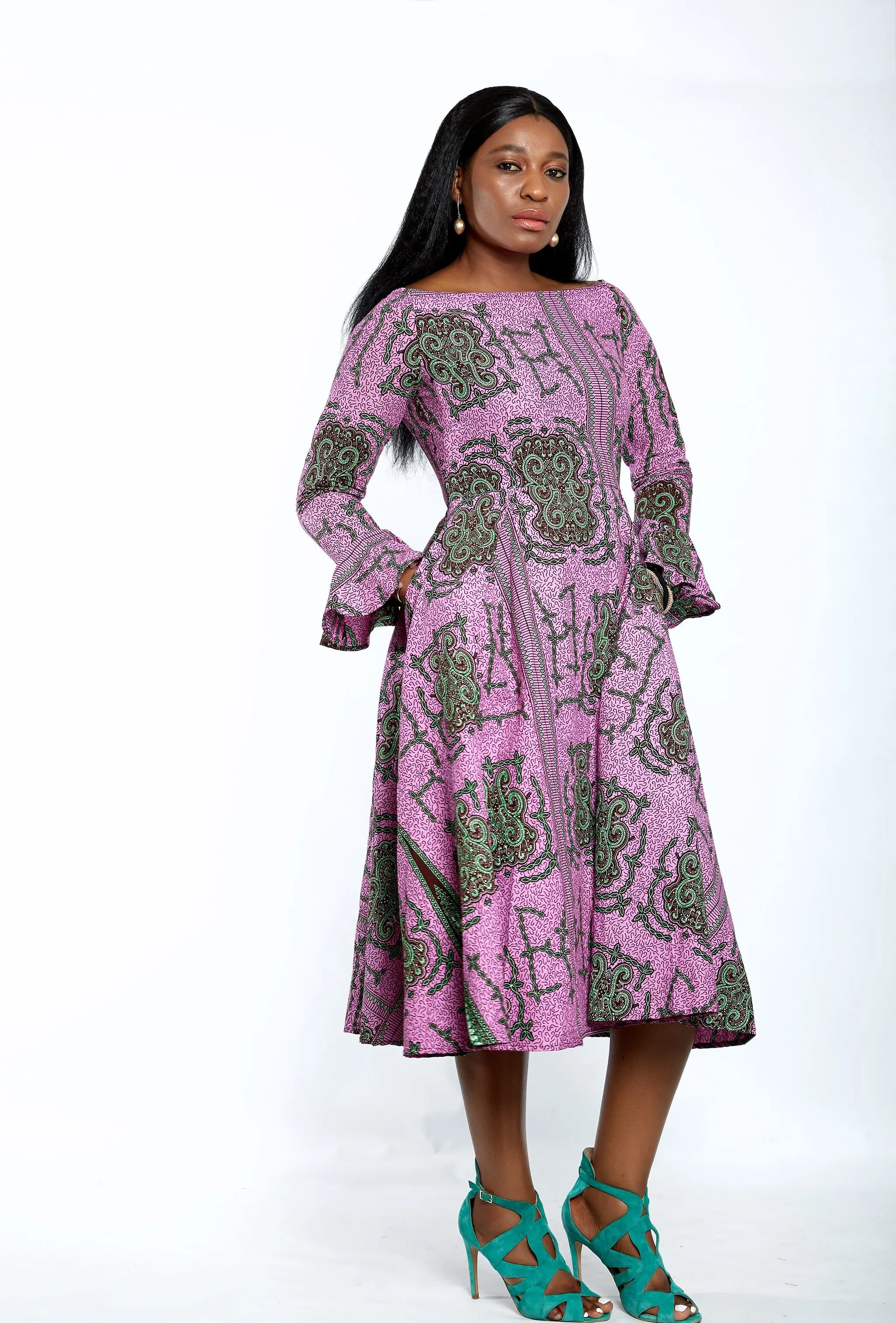 Safiyah African Print Flare Midi Dress in Long sleeves