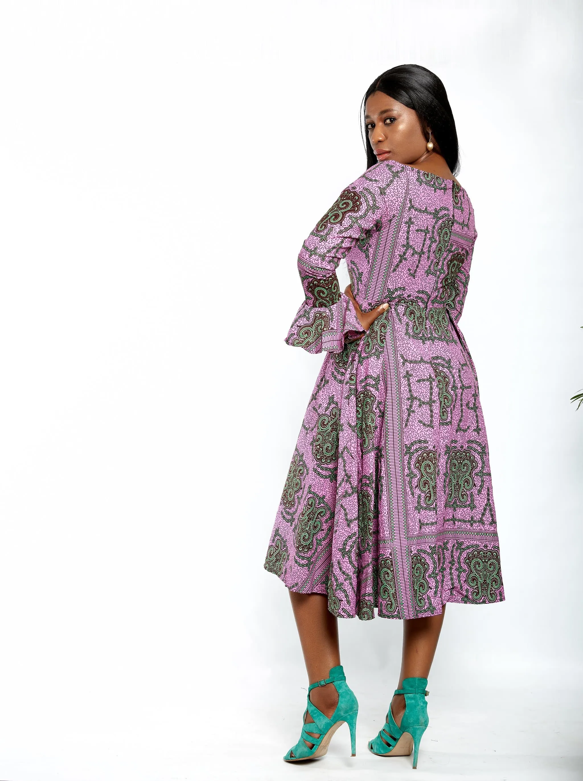 Safiyah African Print Flare Midi Dress in Long sleeves