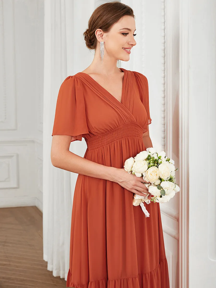 Simple V Neck A Line Short Sleeves Wholesale Bridesmaid Dresses