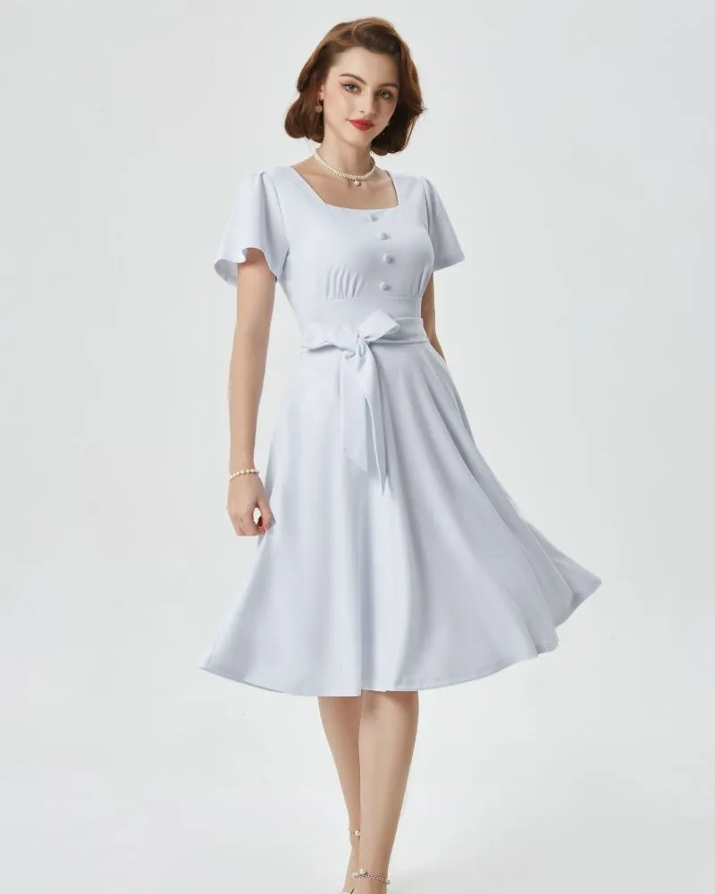 Square Neck Dress Summer Ruffle Sleeve A Line 1950s Tea Party Dresses with Pockets