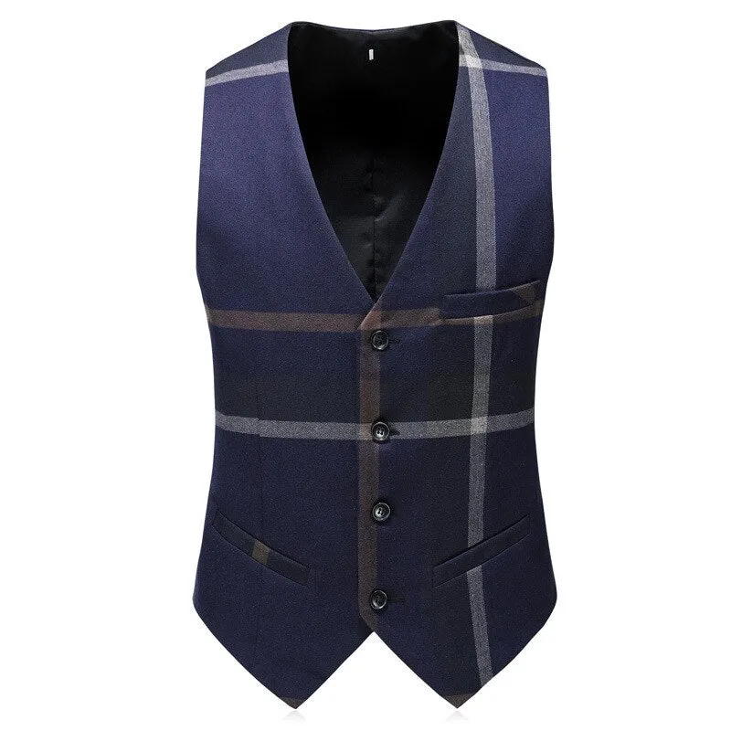 Suit Men's Casual Three Piece Suit Korean Version Slim Fit Large Plaid Bridegroom's Dress Suit