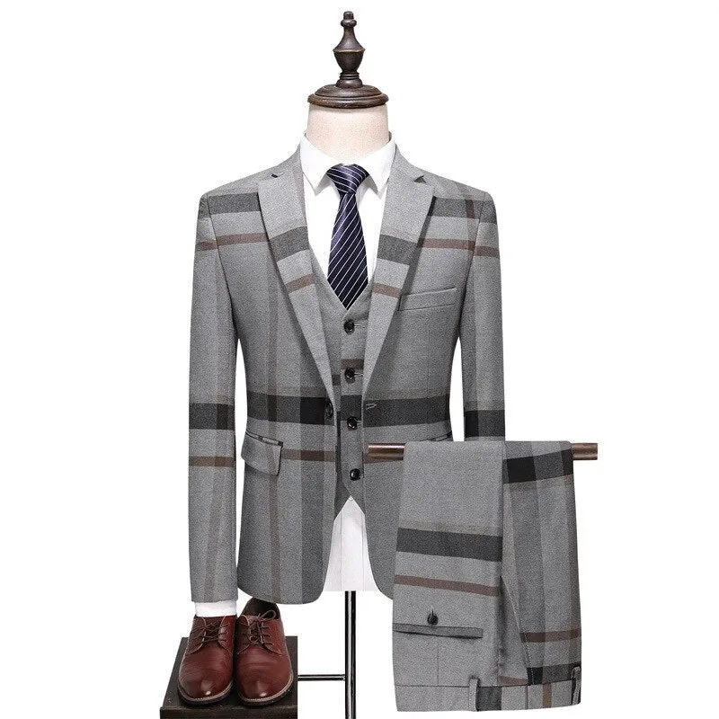 Suit Men's Casual Three Piece Suit Korean Version Slim Fit Large Plaid Bridegroom's Dress Suit